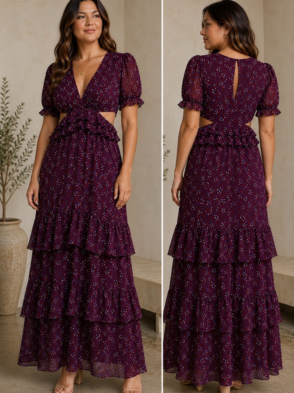 WAYF Women's Burgundy/Wine Floral Tiered Maxi Dress, size Large (fits like Med)